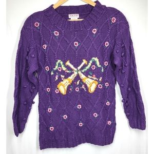 Vintage 80s 90s SKYR Purple Horn Floral Knit Sweater Small 3/4 Sleeves